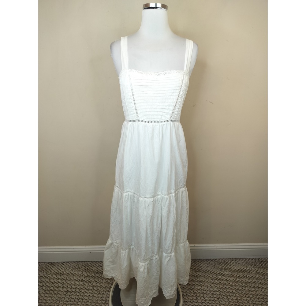 Altar'd State White Maxi Dress Large Lace Trim Tie Back Tiered Milkmaid